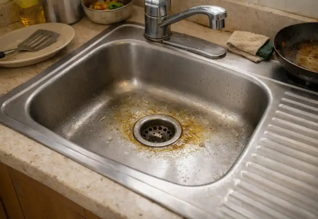 حوض مطبخ داخل منزل في الرياض تظهر عليه بقايا زيت ودهون حول فتحة التصريف، في مشهد يعكس بداية انسداد ناتج عن ممارسات يومية خاطئة.