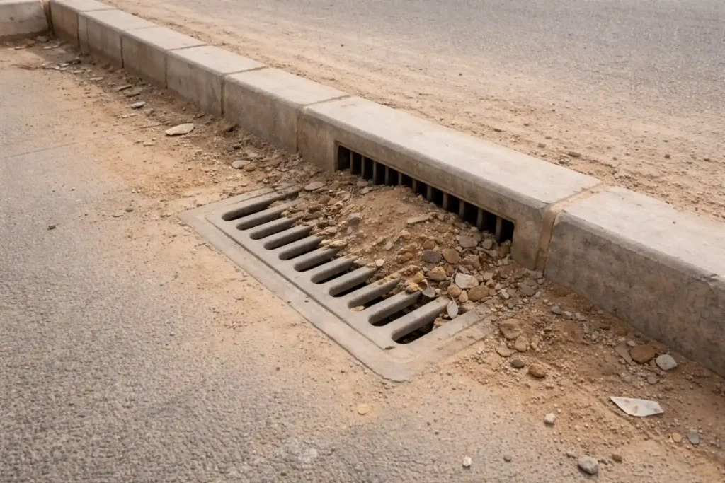 مصرف مياه شارع في الرياض شبه مسدود بالرمال والحصى، مع تراكم الغبار حول فتحة التصريف بسبب الإهمال والاستخدام اليومي.