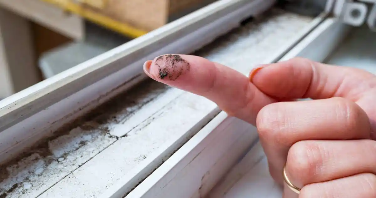 غبار متراكم داخل مسار الشباك في الفيلا يبان على الإصبع بسبب الأتربة