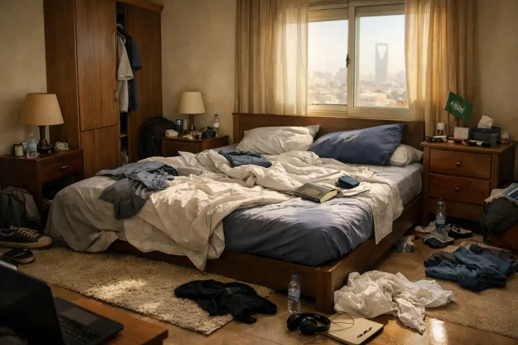 غرفة نوم شقة عزاب في الرياض مع فوضى وغبار وملابس مرمية