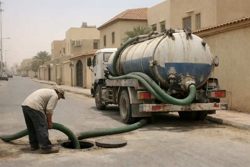 وايت شفط بيارة يشتغل في شارع سكني بالرياض، خرطوم ممتد داخل فتحة الصرف بين بيوت الحي