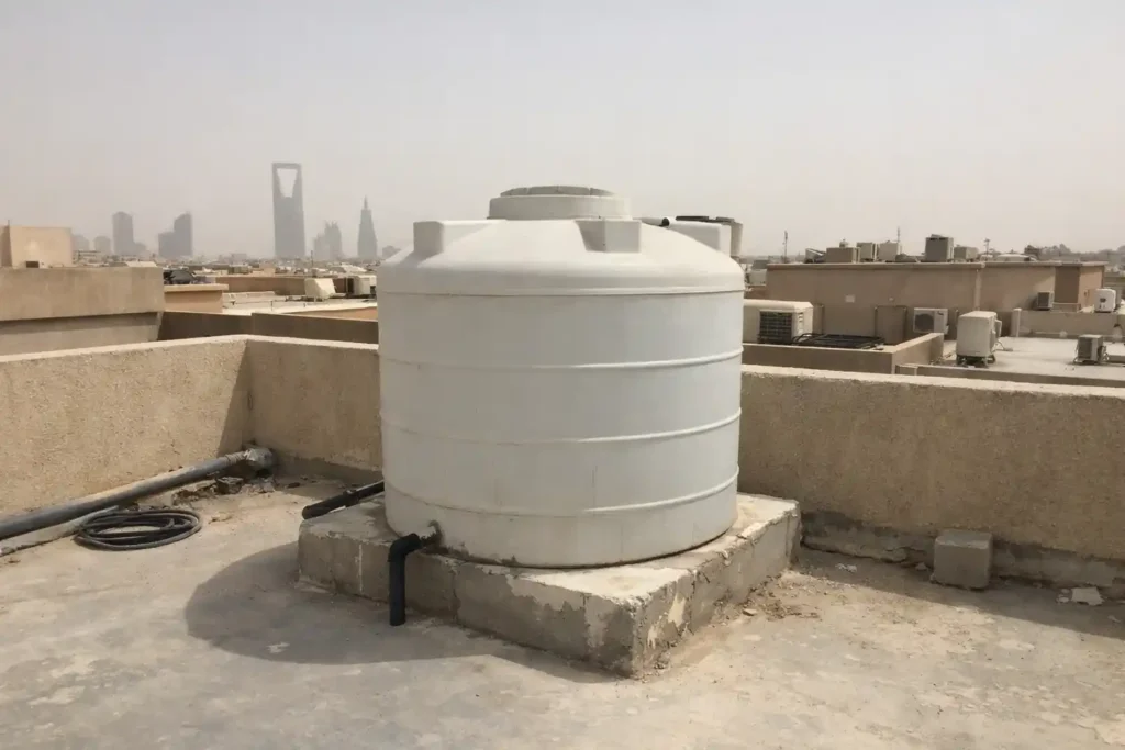 خزان مياه بلاستيكي على سطح منزل في الرياض في أجواء حارة ومغبرة