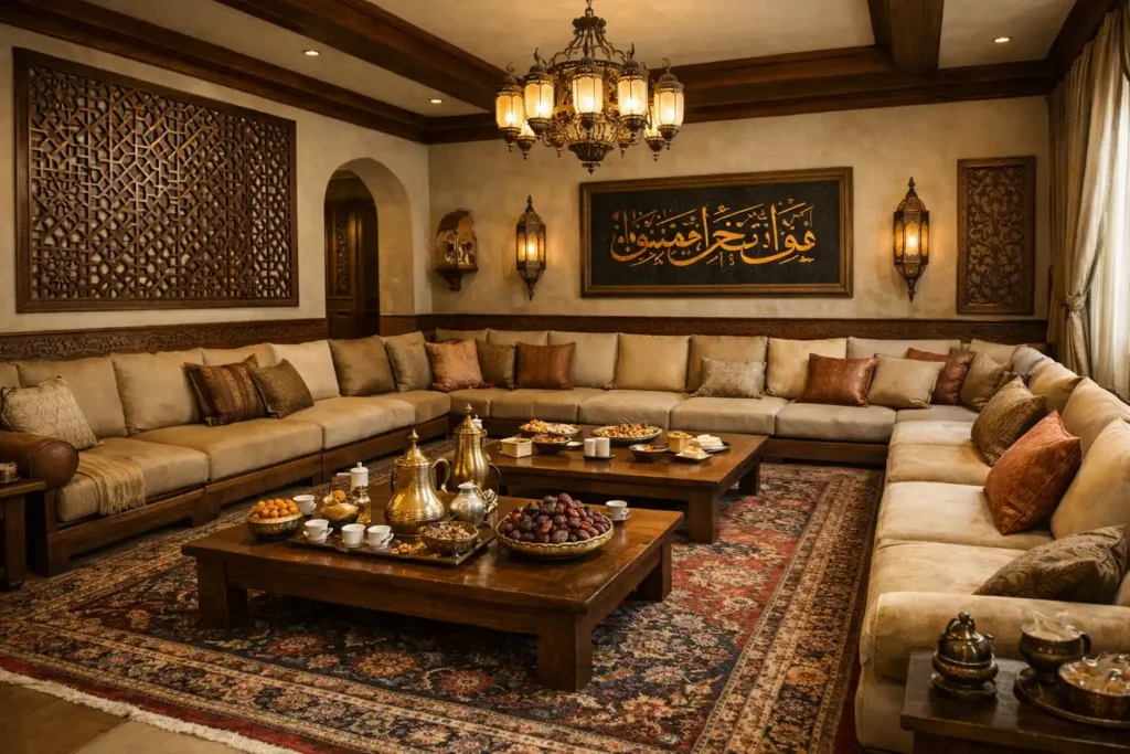 مجلس في فيلا بالرياض بتصميم سعودي تقليدي يوضح كبر المساحة وصعوبة تنظيف الفلل مقارنة بالشقق