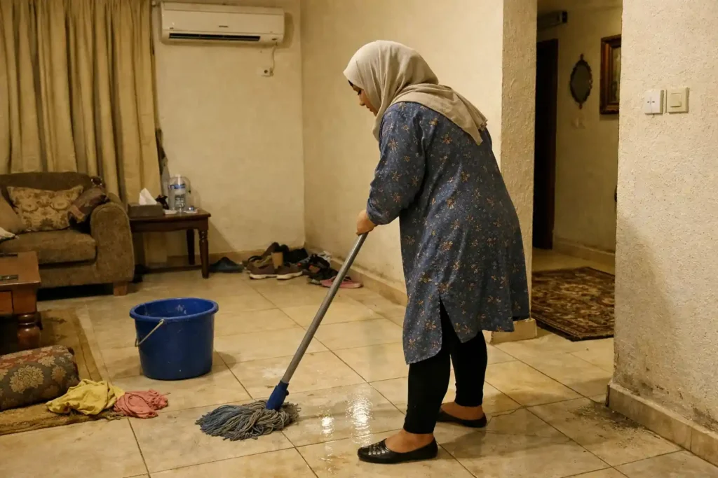 عاملة تنظيف تمسح أرضية غرفة داخل بيت في الرياض باستخدام ممسحة، مع دلو ماء بجانبها وستائر مغلقة، في أجواء بيتية عادية