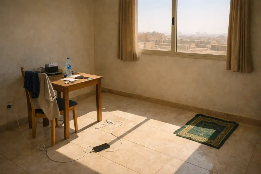شقة صغيرة في الرياض يدخلها غبار مع الشمس، فيها طاولة بسيطة وسجادة صلاة وتبان آثار الاستخدام اليومي وضيق المساحة