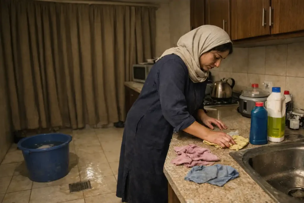 عاملة تنظف سطح المطبخ في بيت بالرياض، أدوات تنظيف مستخدمة، بلاط أرضية، ومكيف مع ستاير مقفلة